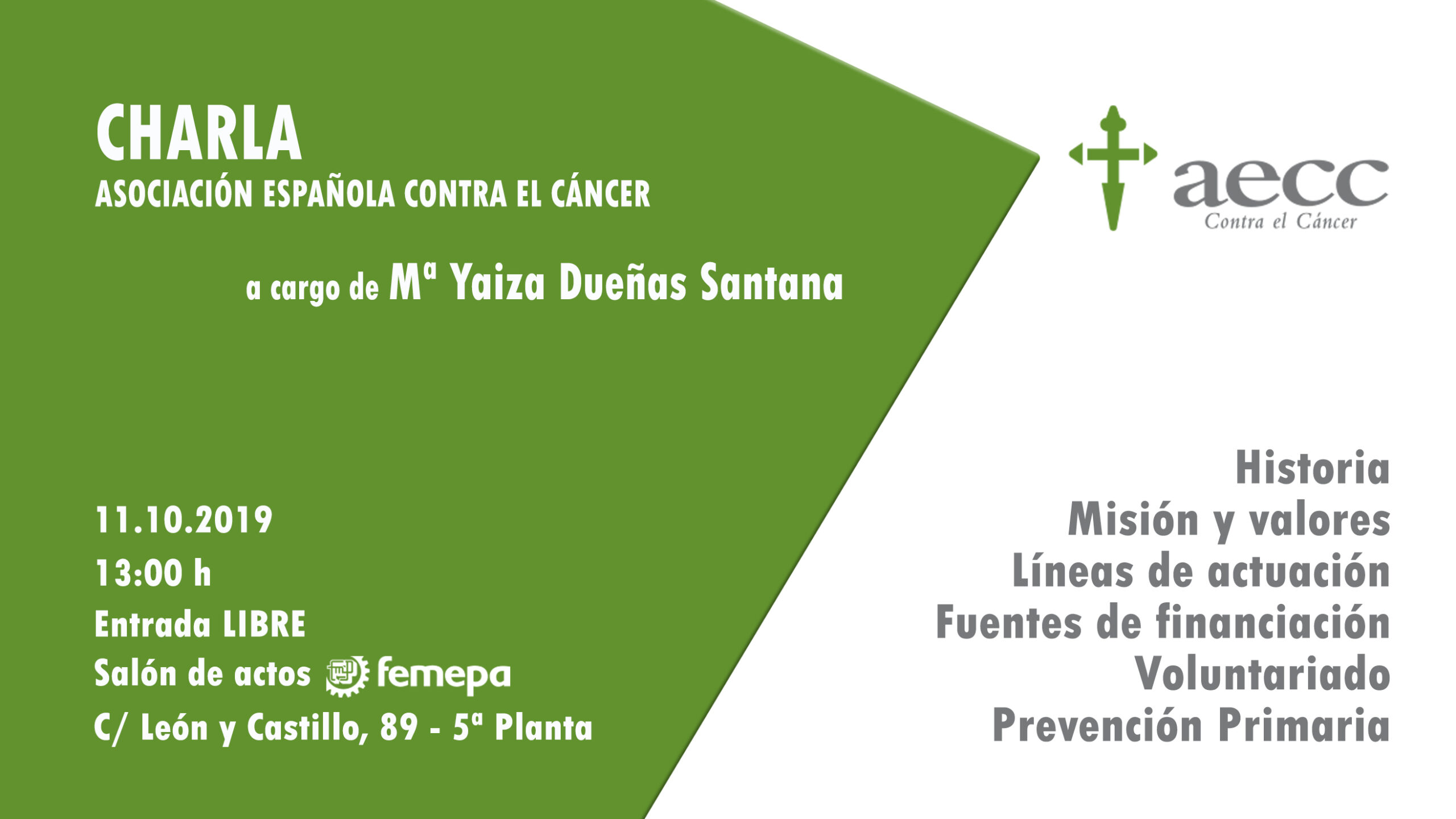 El salón de actos de Femepa acogerá una charla de la AECC el 11 de octubre